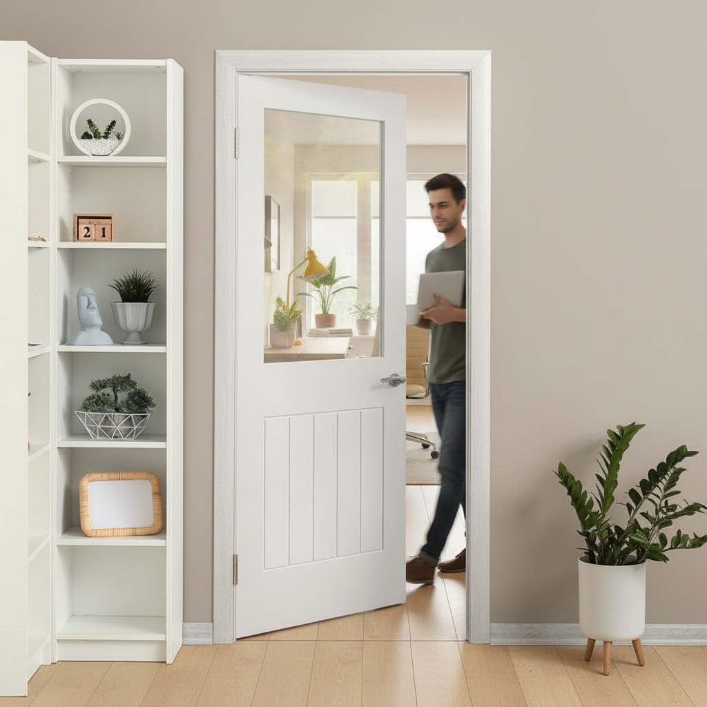 Internal Cottage Door with Clear Glass Pane - Primed Finish, Trim-Friendly Design for Modern Spaces - Image 2