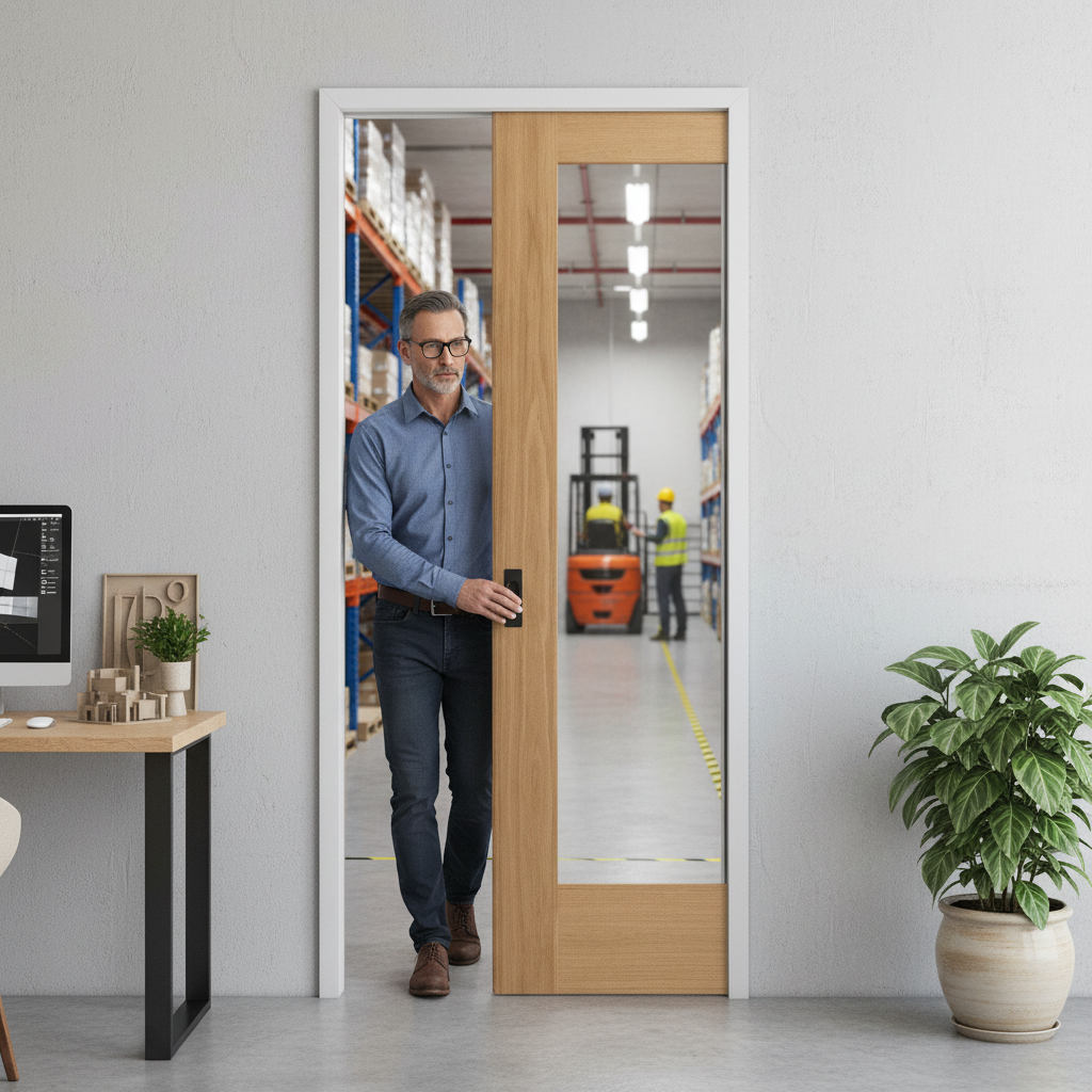 Premium Oak Pocket Door Set with Clear Glass Panel for Modern Interiors - High-Quality Professional Grade for Industrial and Commercial Applications - Image 2