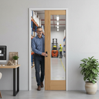 Premium Oak Pocket Door Set with Clear Glass Panel for Modern Interiors - High-Quality Professional Grade for Industrial and Commercial Applications - Image 2