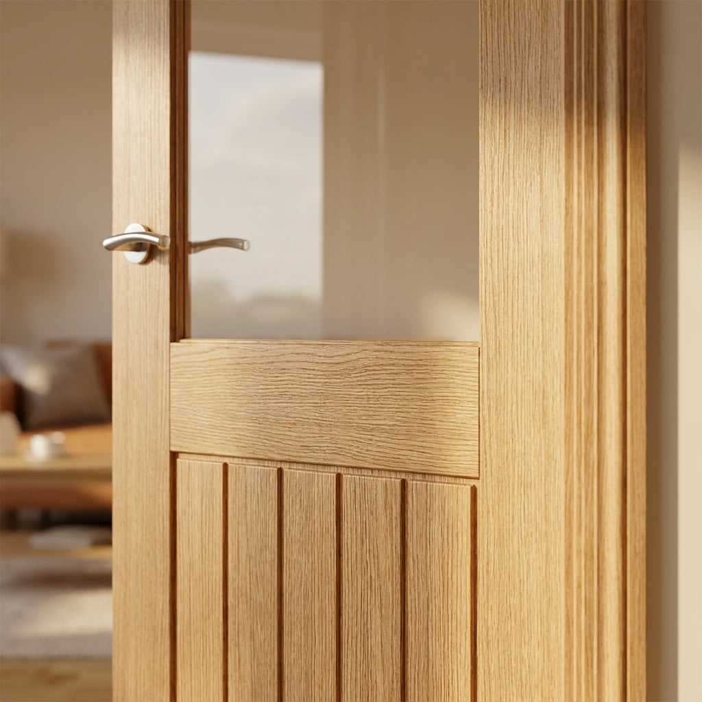 Internal Oak Door Unfinished 1 Panel 1 Light Obscure Lined Clear Glass - detail view