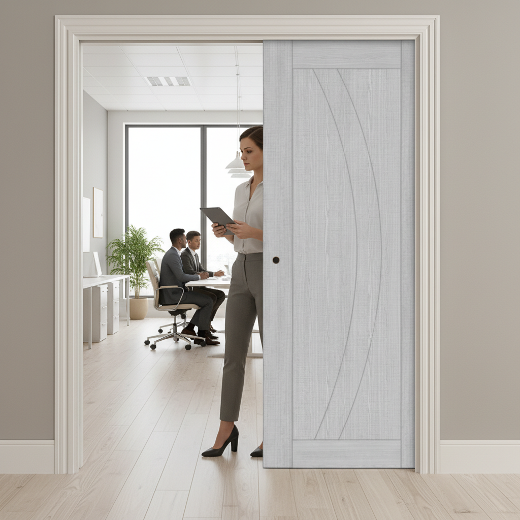 Premium Light Grey Double Pocket Door Set with Asymmetrical Design and Galvanised Steel Frame for Maximized Space Efficiency
