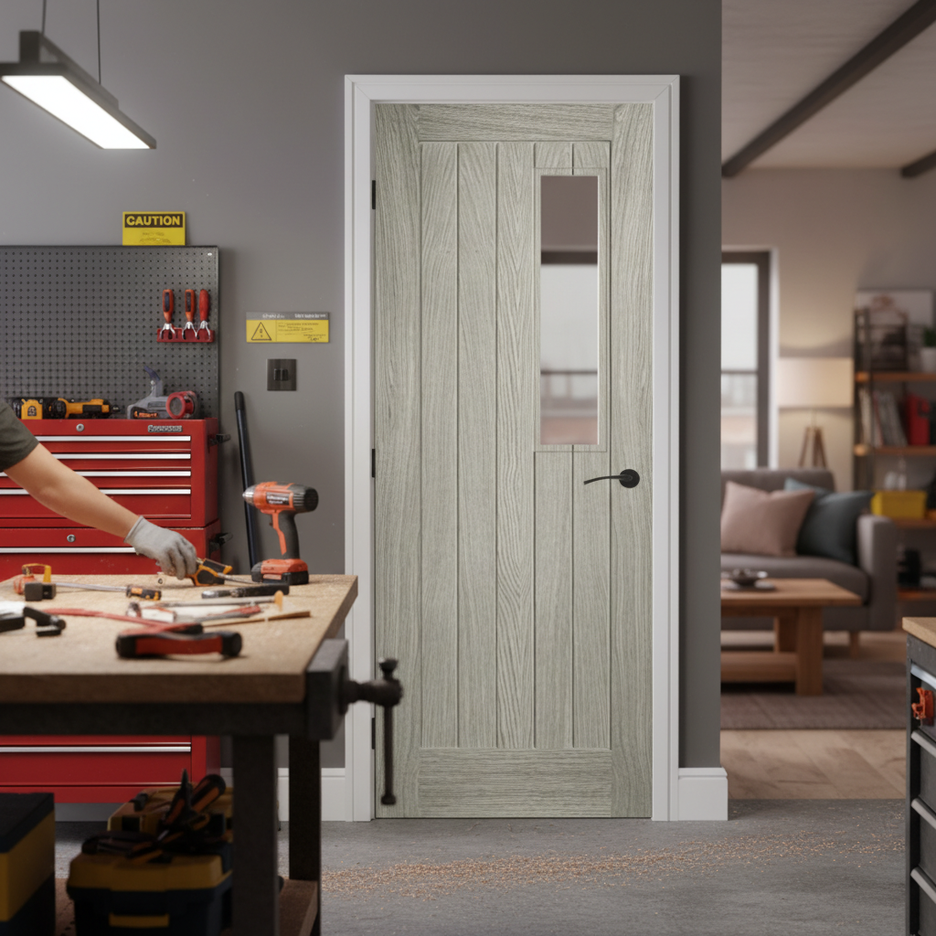 Premium Light Grey Laminate Fire Door with Classic 5 Panel Design and Durable Finish for Enhanced Home Aesthetics