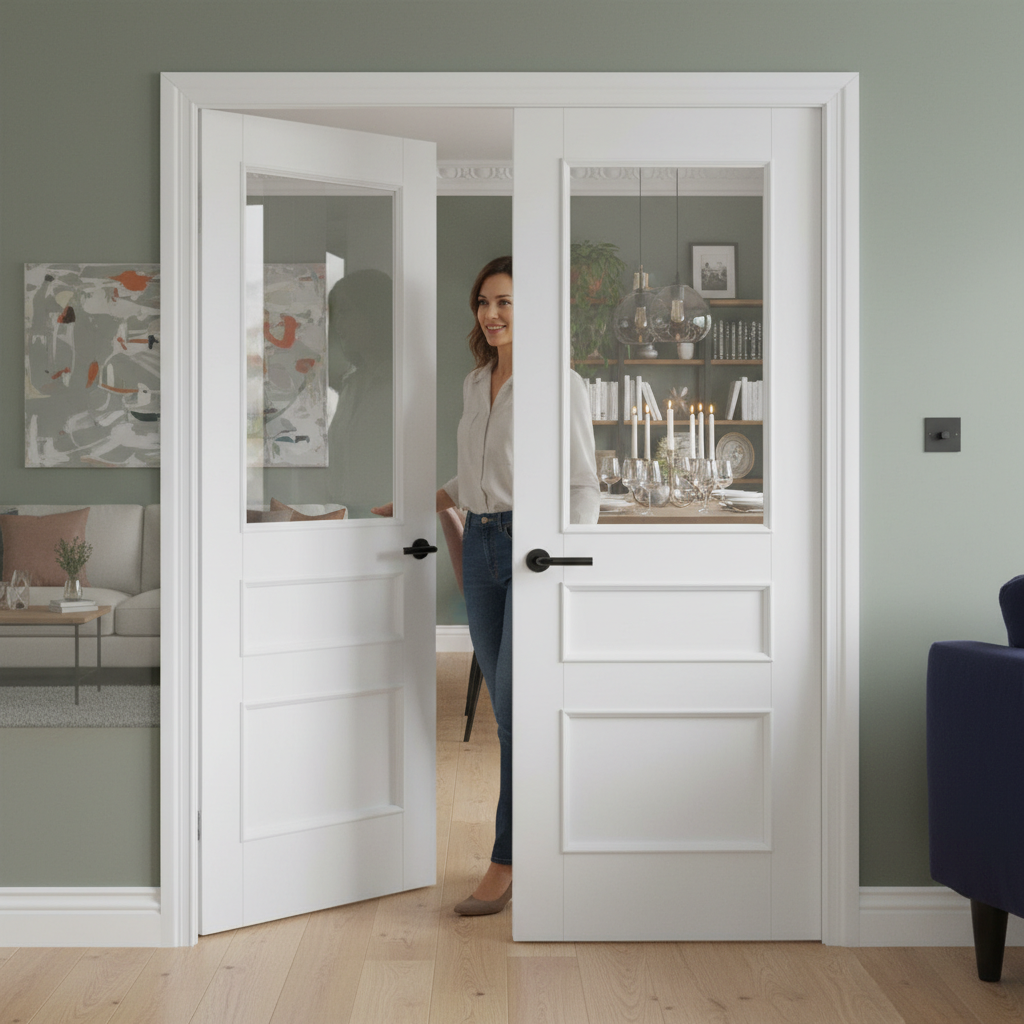 Premium 3 Panel White Clear Glazed Internal Door Pair with Raised Mouldings and Safety Glass