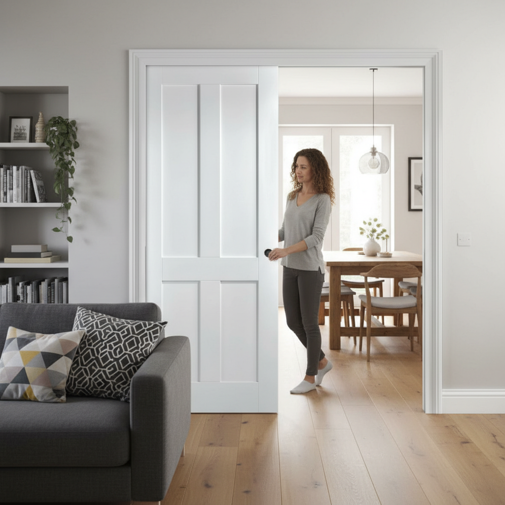 Premium 4 Panel White Pocket Door Set with Galvanised Steel Frame, Adjustable Jambs, and 15-Year Guarantee