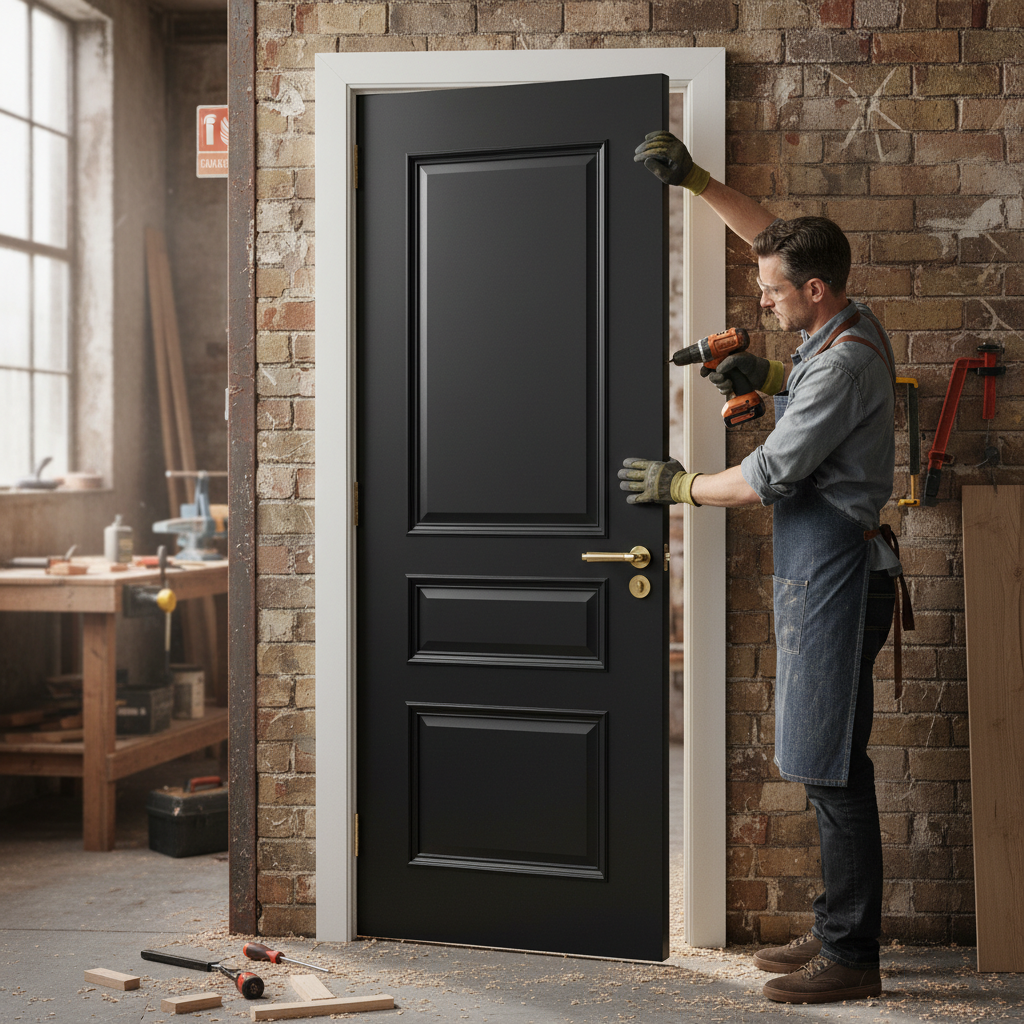 Premium Fully Finished Black Fire Door with Bevelled Panels and 10 Year Guarantee