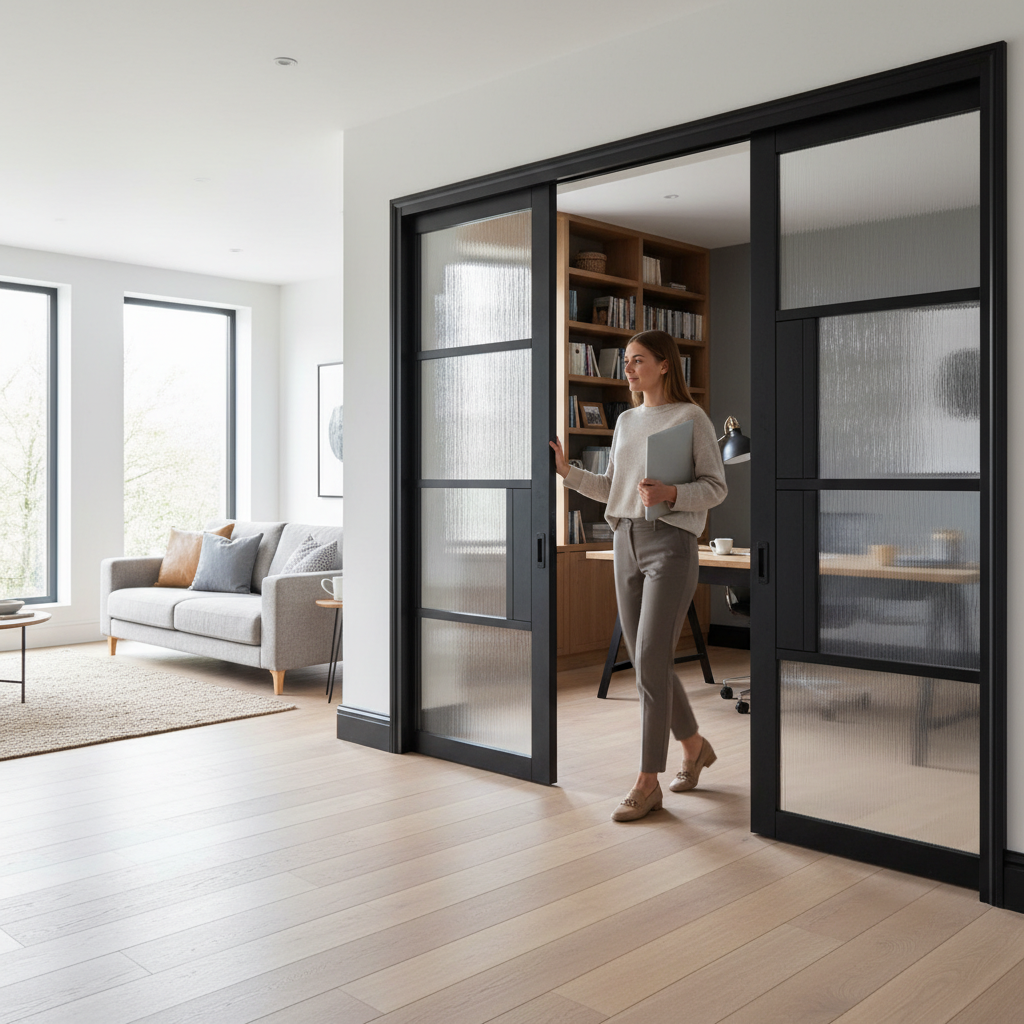 Premium Heavy Duty Reeded Glazed Double Pocket Door System with Galvanised Steel Frame and Adjustable Jambs