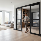 Premium Heavy Duty Reeded Glazed Double Pocket Door System with Galvanised Steel Frame and Adjustable Jambs