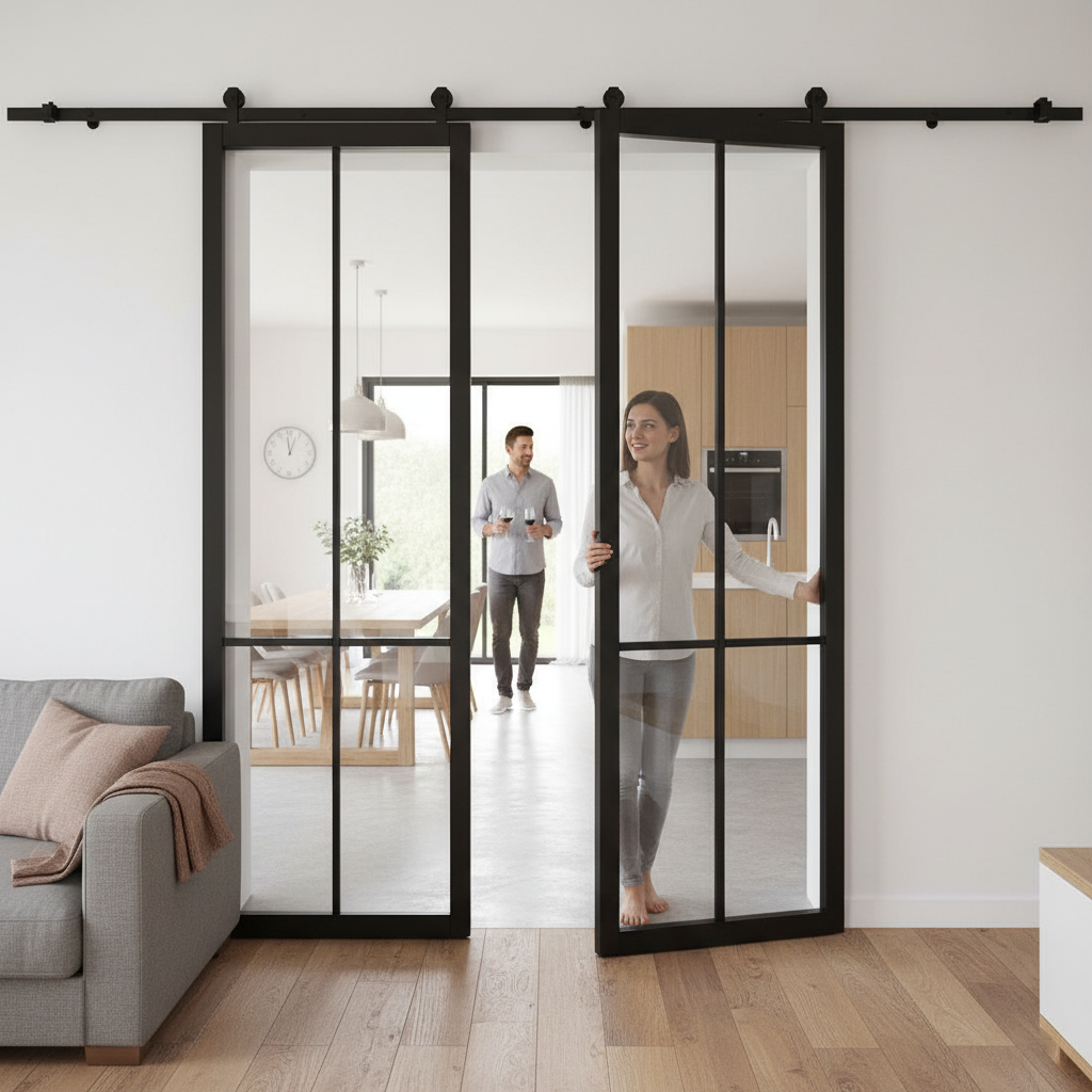 Premium Clear Glazed Double Doors with Top Mounted Sliding Track System - Soft Close Option Available