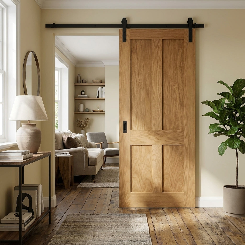 Internal Oak Sliding Door Unfinished Victorian 4 Panel Flat Black Face Mounted