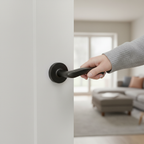 Premium Matt Black Internal Lever Handle Set on Round Rose with Latch Pack and Ball Bearing Hinges - Image 2