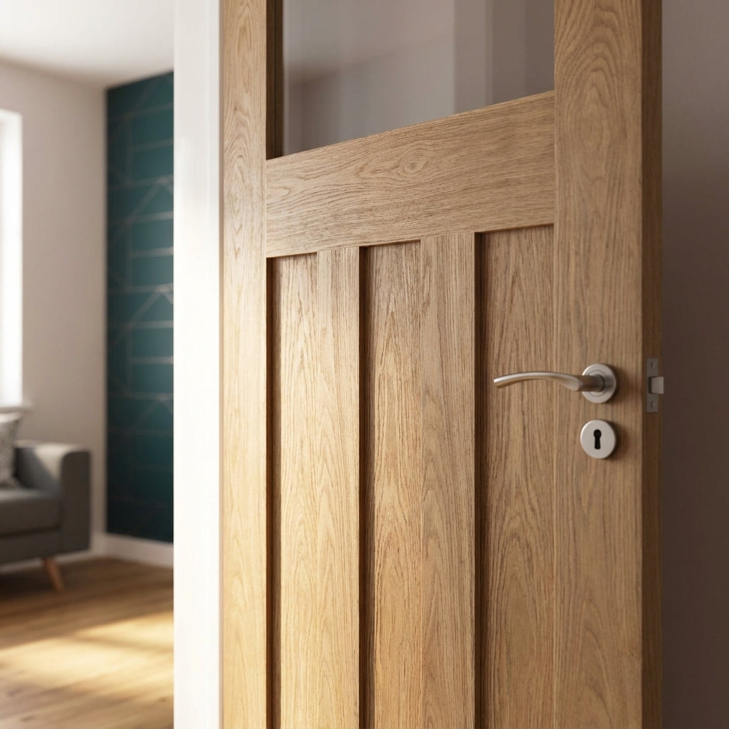 Internal Oak Door Unfinished 1930's Style with 1 Light Obscure Glass - detail view