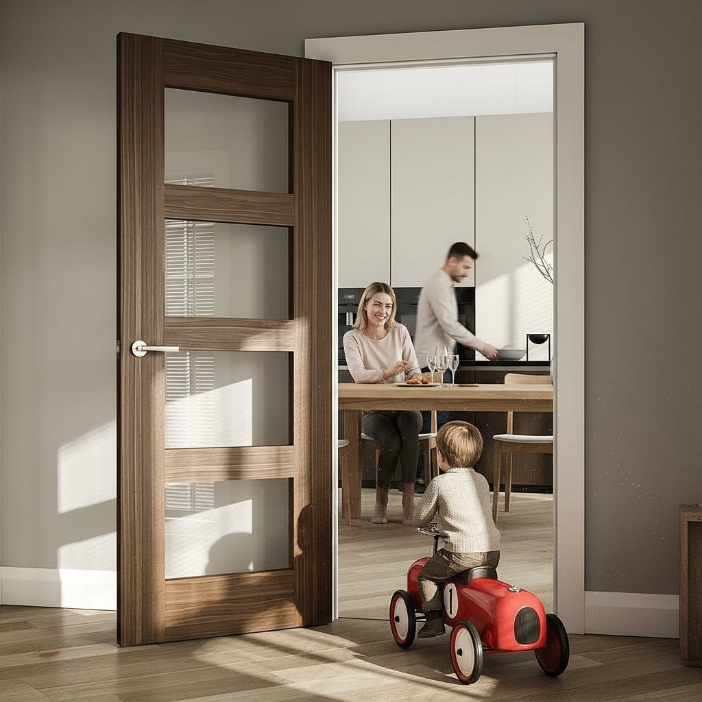 Premium Walnut Shaker Internal Door with Clear Safety Glass - Solid Core Construction for Durability