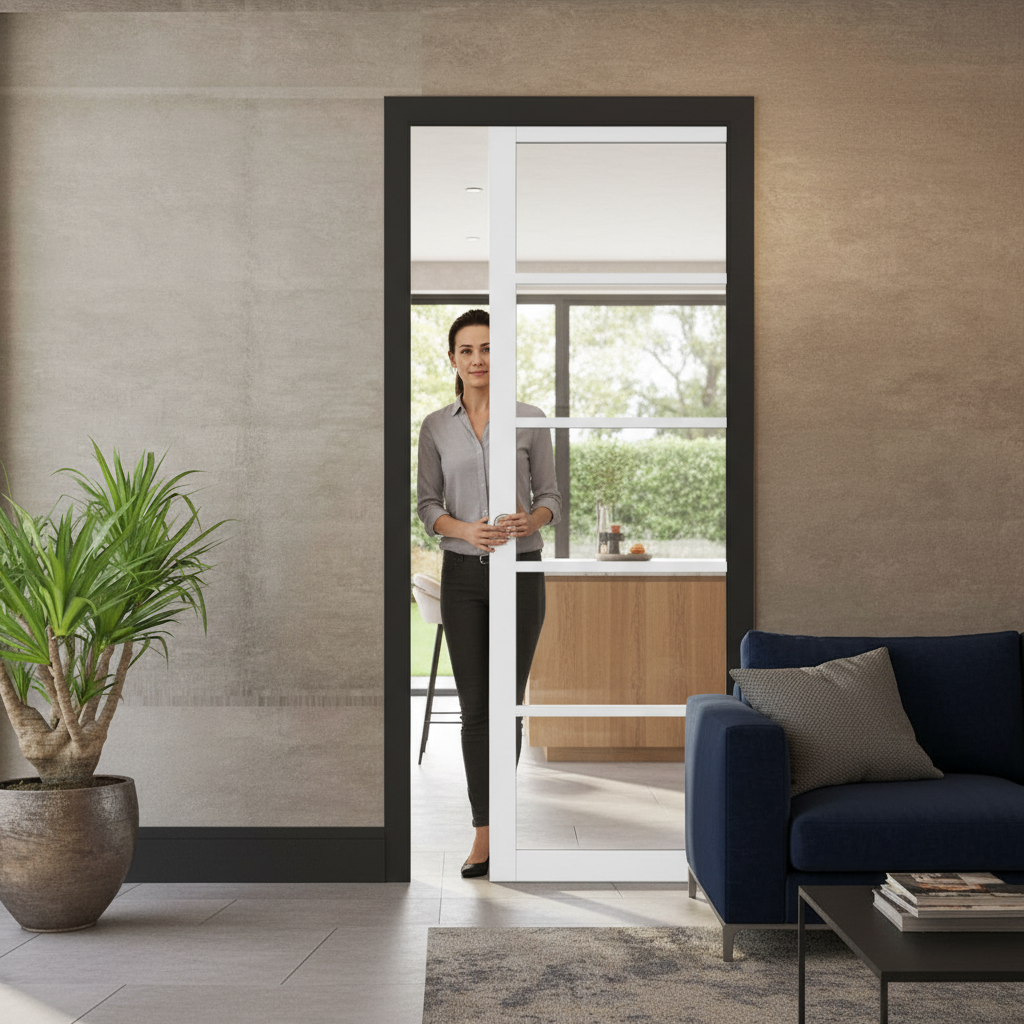 Premium White Clear Glazed Pocket Door Set with Strong Steel Frame and Adjustable Features for Contemporary Homes