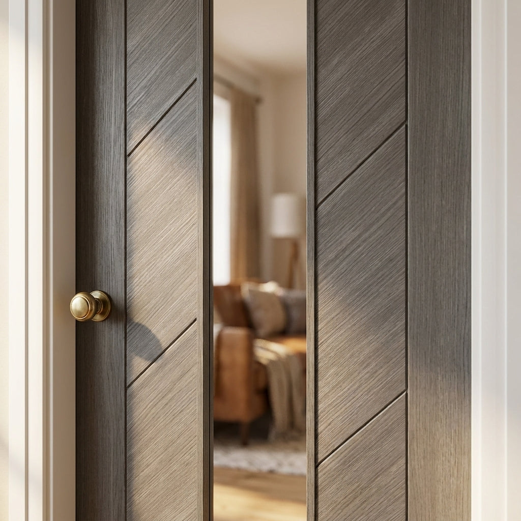 Light Grey Internal Door with Clear Glass, Fully Finished Laminate Stockholm - detail view
