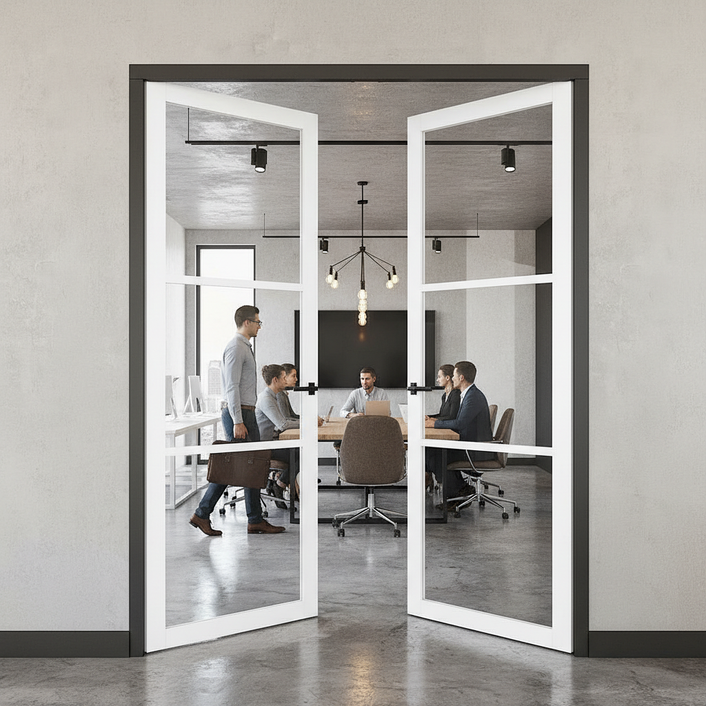 Premium Custom Made Industrial Style Door Pair with Three-Light Design and Solid Core Construction for Modern Interiors