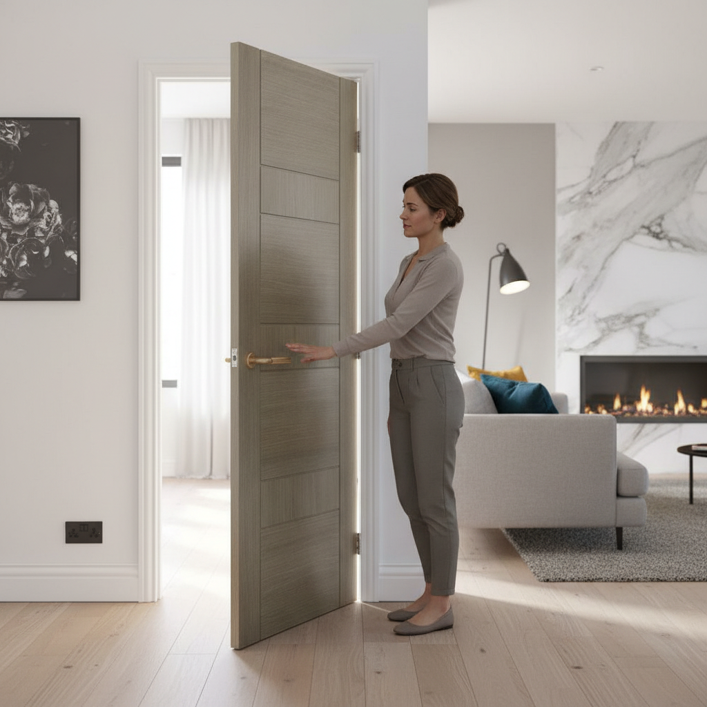 Premium Light Grey Internal Door with V Cut Grooves, Stylish Ladder Effect Design