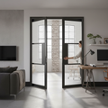 Premium Reeded Glazed Double Pocket Door System with Galvanized Steel Frame and Adjustable Jambs