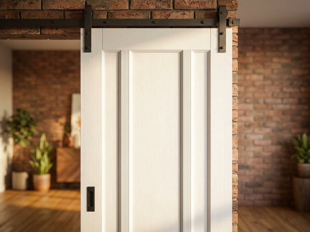 White Internal Sliding Door, Primed Finish, 3 Panel Design, Solid Core - detail view
