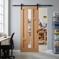 Premium Fully Finished Oak Sliding Door Set with Clear Glass Pane and Modern Black Steel Track System for Elegant Home Decor