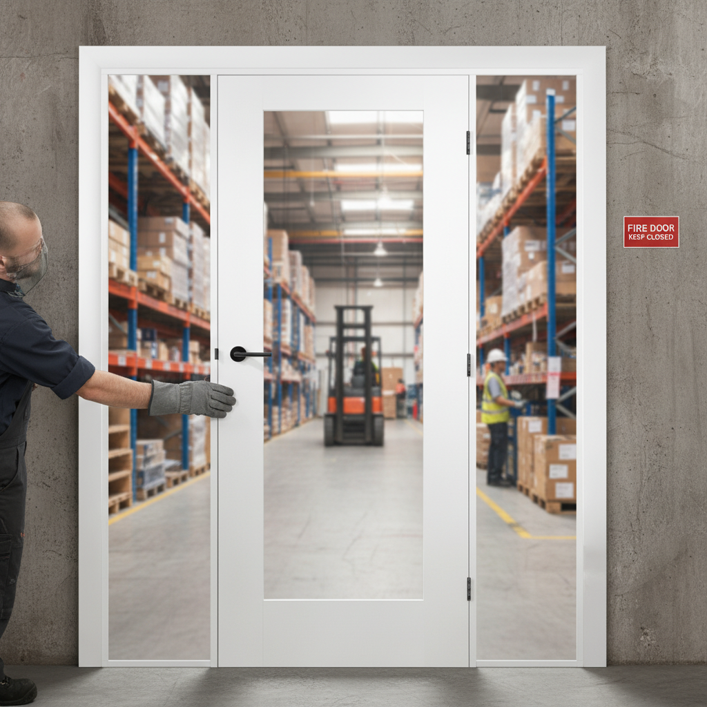 Premium Custom Made 1L White Fire Door Set with Side Panels, FD30 Fire Rated with Clear and Obscure Fire Glass Options