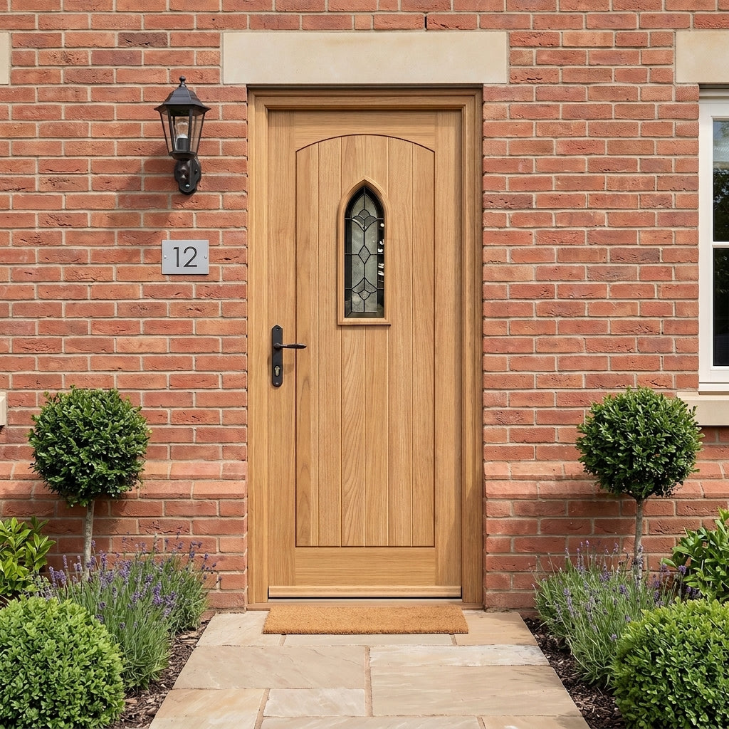 Unfinished External Hardwood Door with Feature Glass and Gothic Raised Mouldings