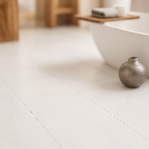 Matt 6mm Rigid Core LVT Flooring in White Marble Finish - detail view