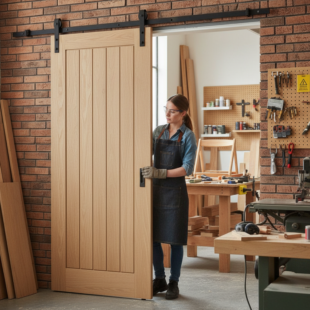 Premium Unfinished Oak Top Mounted Track Sliding Door - Customizable Finish, Space-Saving Design, and Quality Craftsmanship