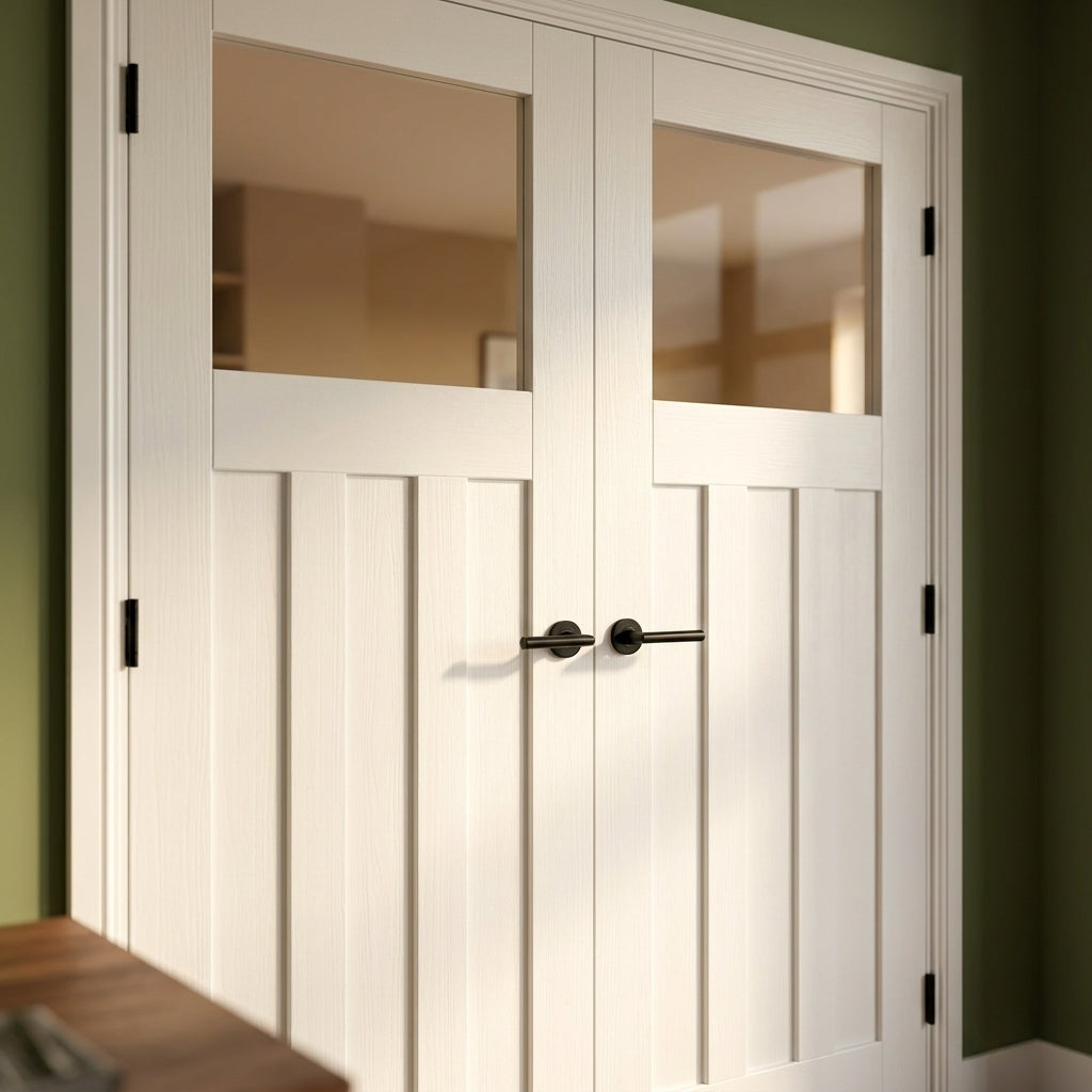 Internal Pair Door with Clear Glass, White Primed, Solid Engineered Core - detail view
