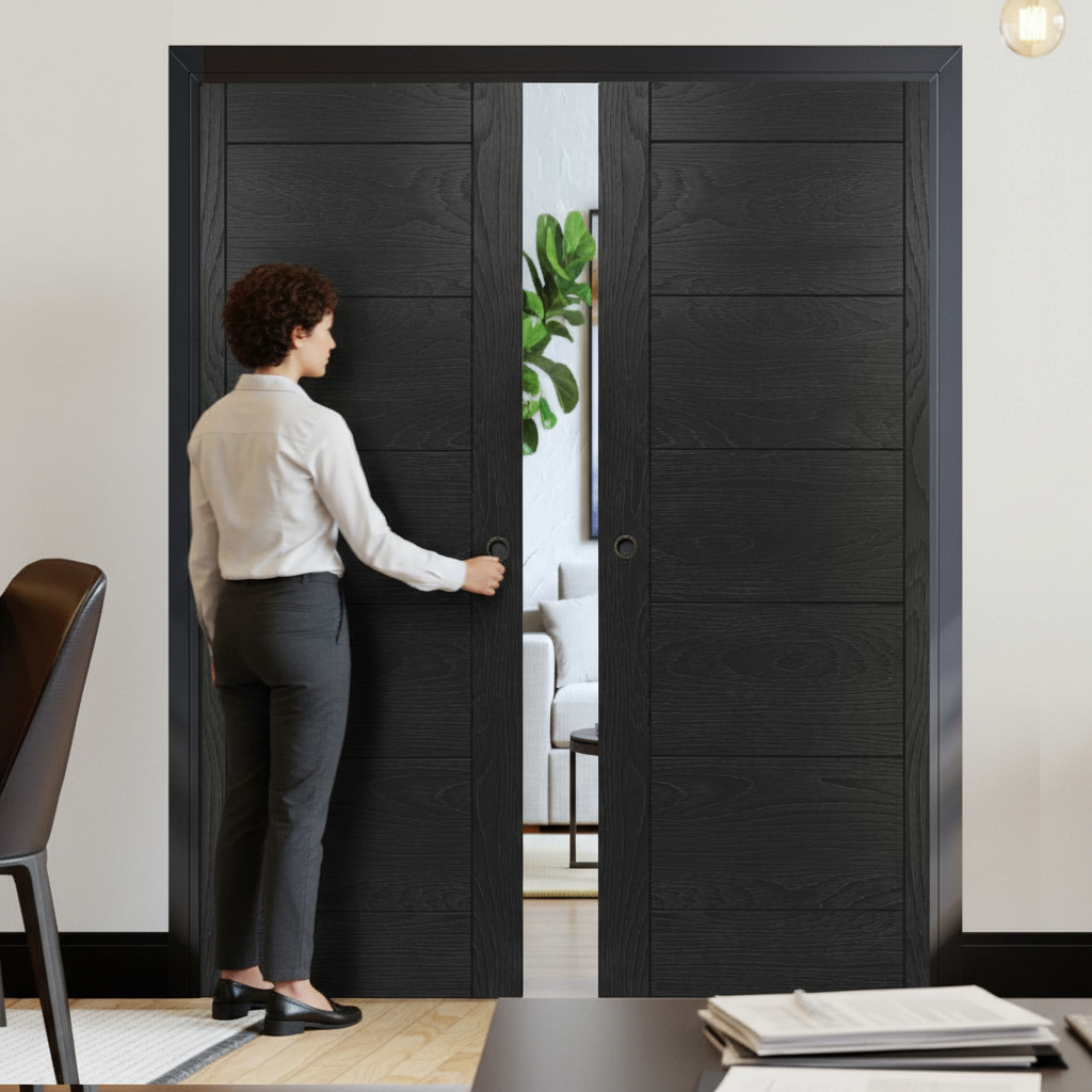 Premium Brushed Black Double Pocket Door Set with Adjustable Frame and Maintenance-Free Track System