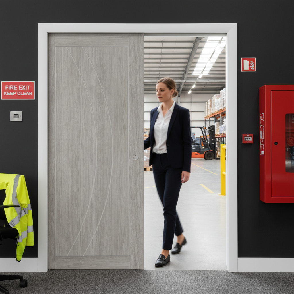 Premium White Grey Laminate Fire Pocket Door Set with Curved Grooves and Steel Frame for Modern Home Design