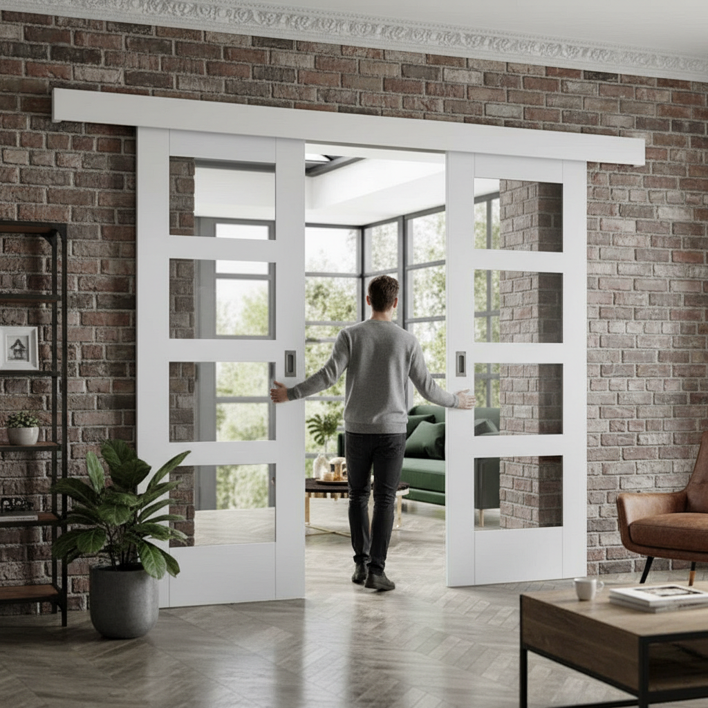 Premium Double Sliding Door System with Clear Glazed White Shaker Doors and Adjustable Track Mechanism