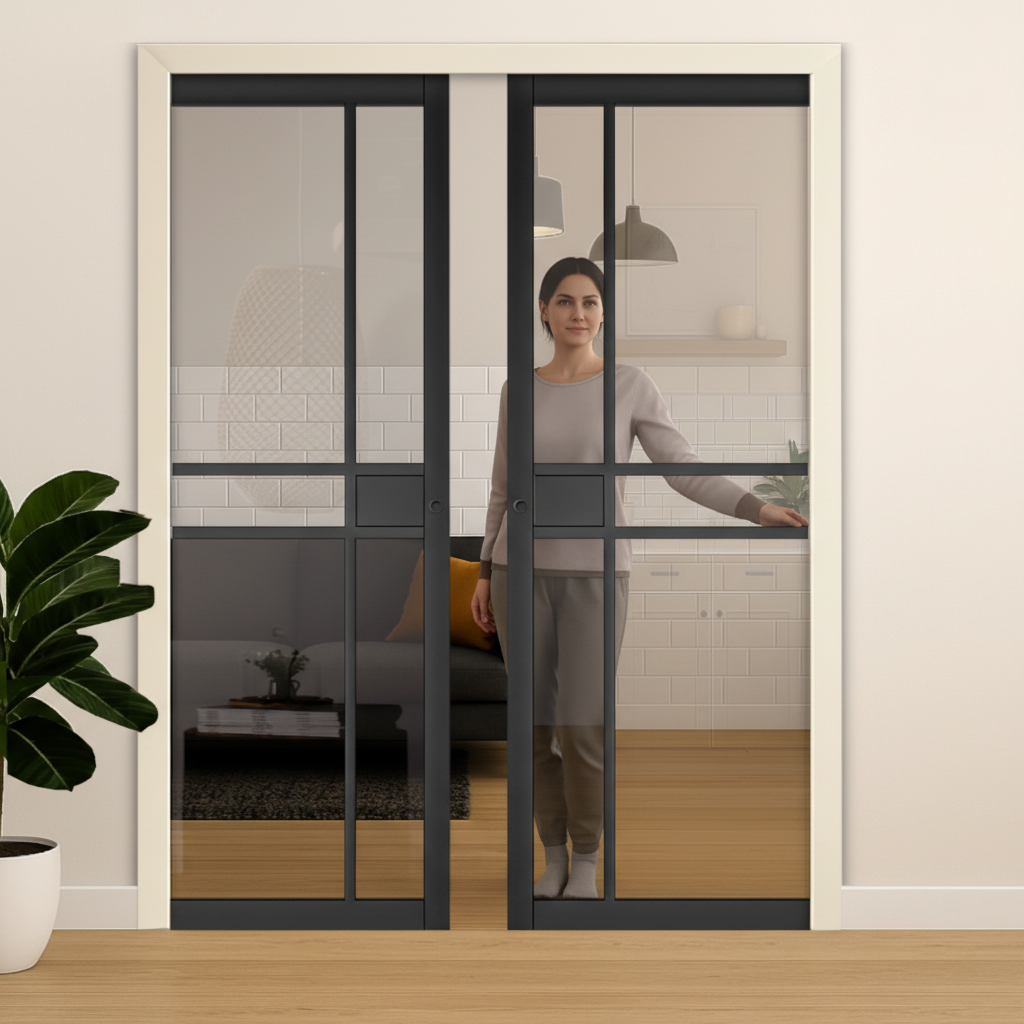 Premium Clear Glazed Double Pocket Door Set with Galvanised Steel Frame and Adjustable Runners for Modern Interiors