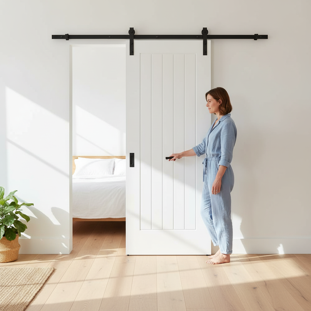 Premium White Internal Primed Cottage 1 Panel Sliding Door with Black Steel Track for Contemporary Elegance - Image 2