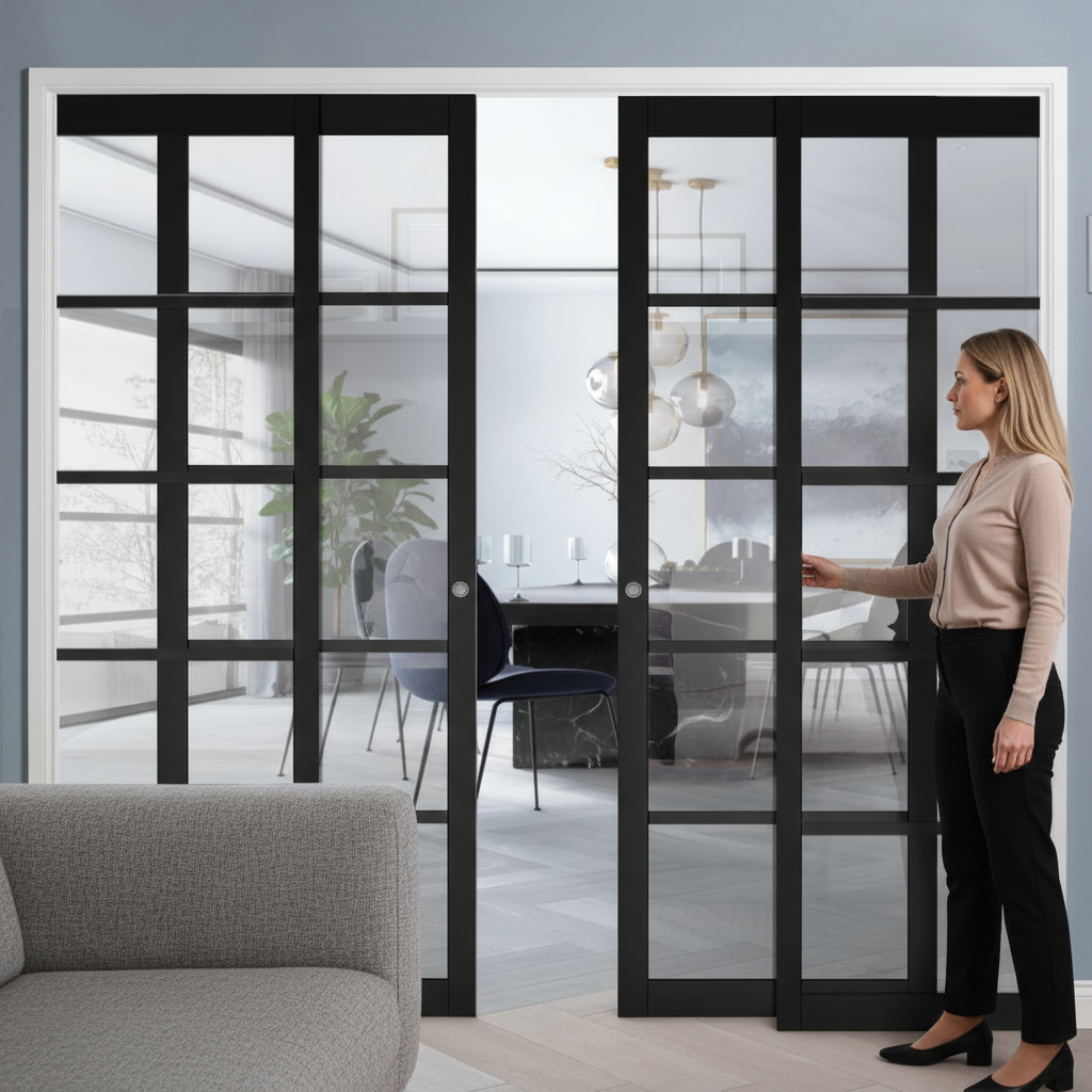 Premium Clear Glazed 4 Door Telescopic Pocket Door System with Adjustable Features and Maintenance-Free Track