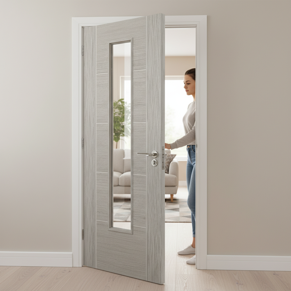 Premium Light Grey Laminate Internal Door with Clear Glazed Panel and Modern Grooved Design