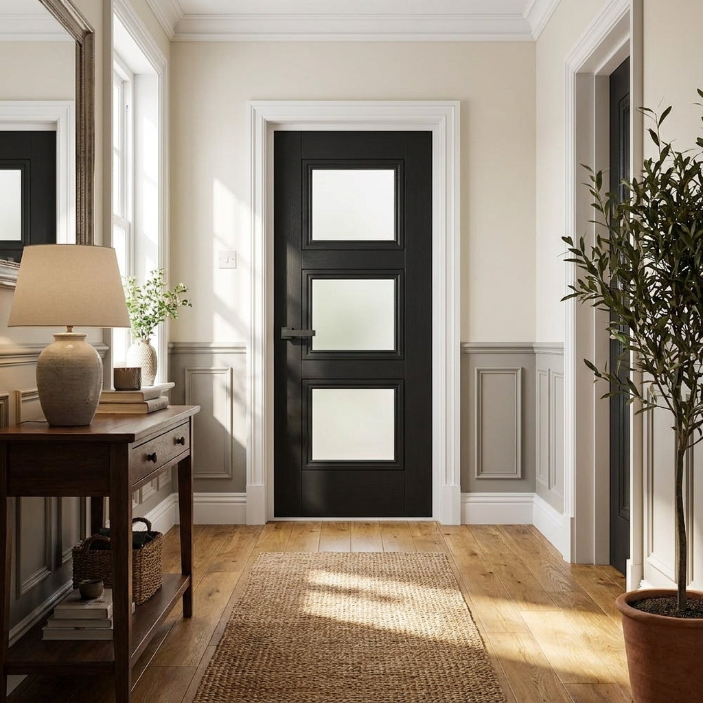 Internal Black Door Fully Finished with 3 Light Clear Glass Panels