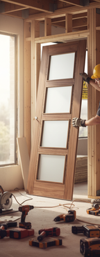 Premium Contemporary Walnut 4L Glazed Internal Door with V Grooves and Clear Satin Lacquer Finish