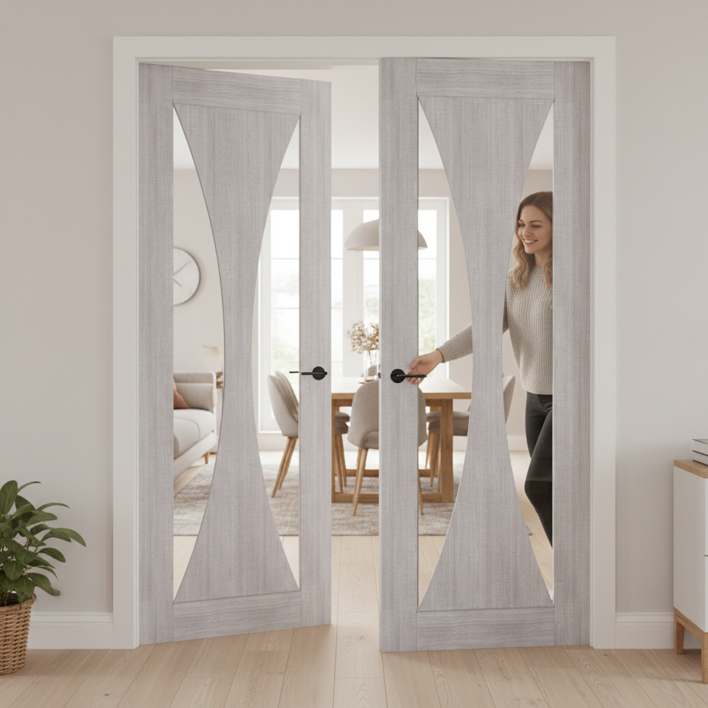 Premium Clear Glazed Grey Door Pair with Toughened Glass and Solid Core for Modern Interiors