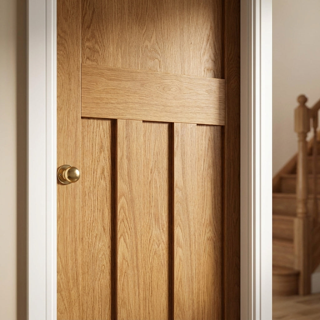 Internal Oak Door Unfinished 1930's 4 Panel Design Solid Engineered Core - detail view