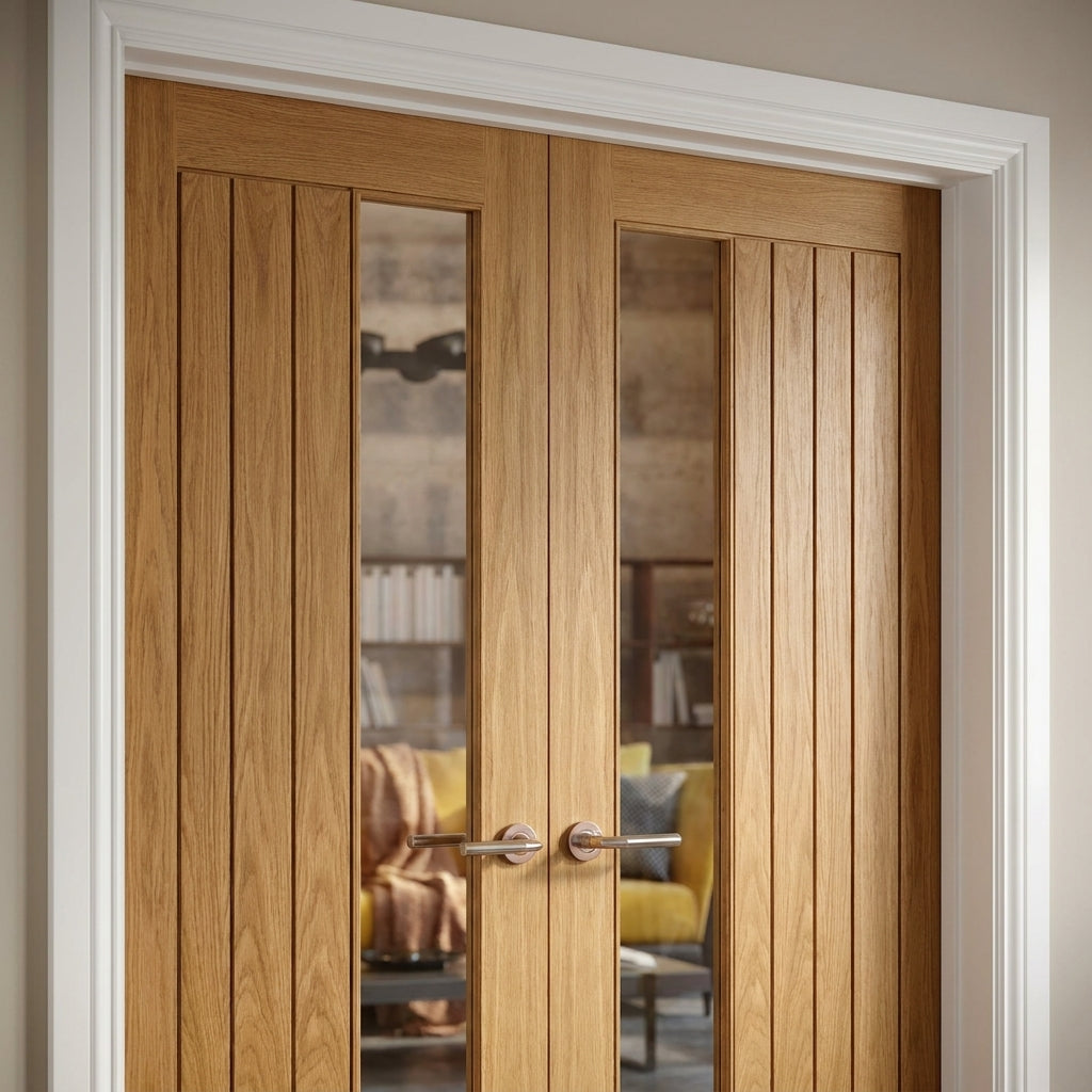 Internal Oak French Door Fully Finished with 1 Light Clear Glass Glazing - detail view