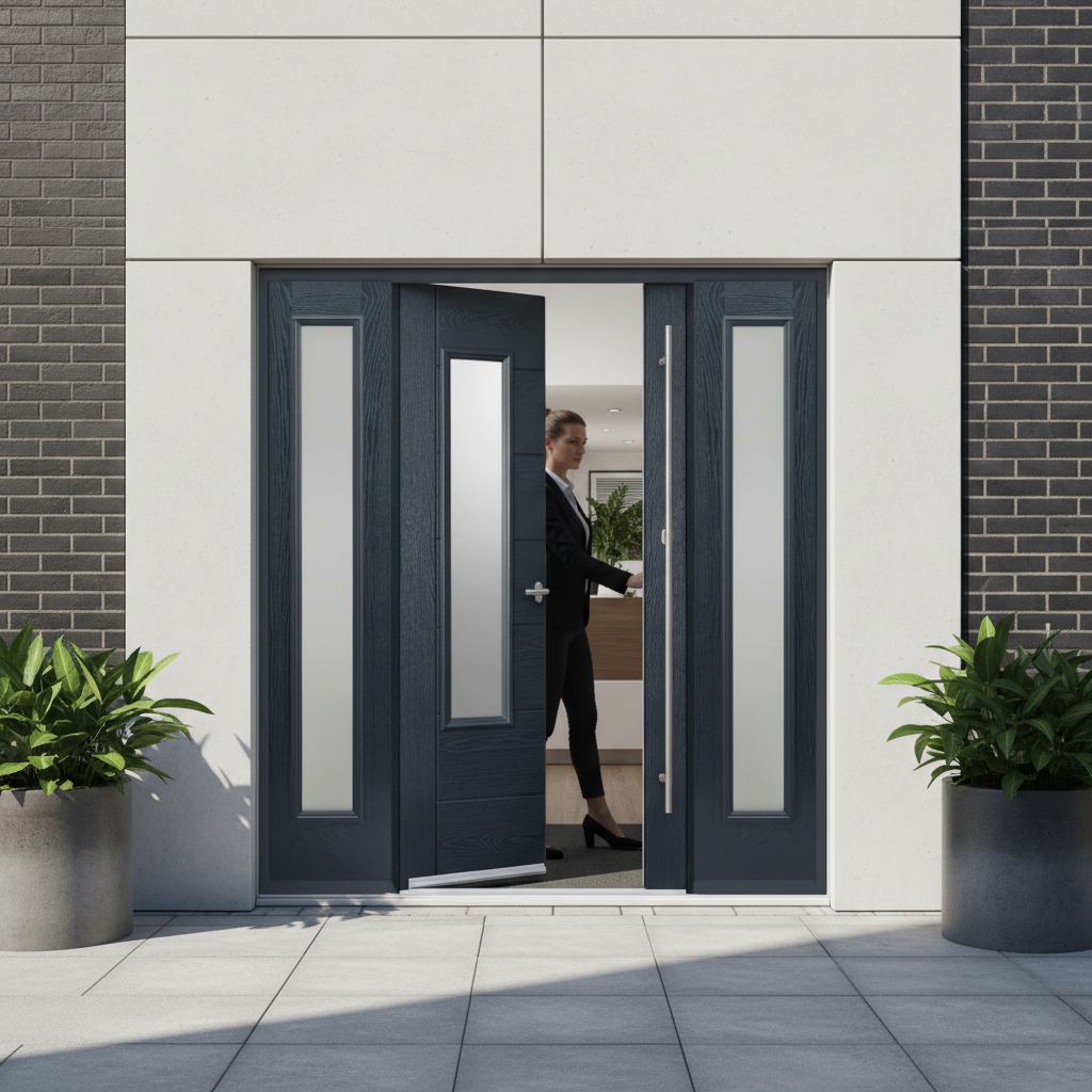 Premium Glazed Composite Grand Entrance Door with Frosted Side Panels, Easy Installation, and Low Maintenance Options