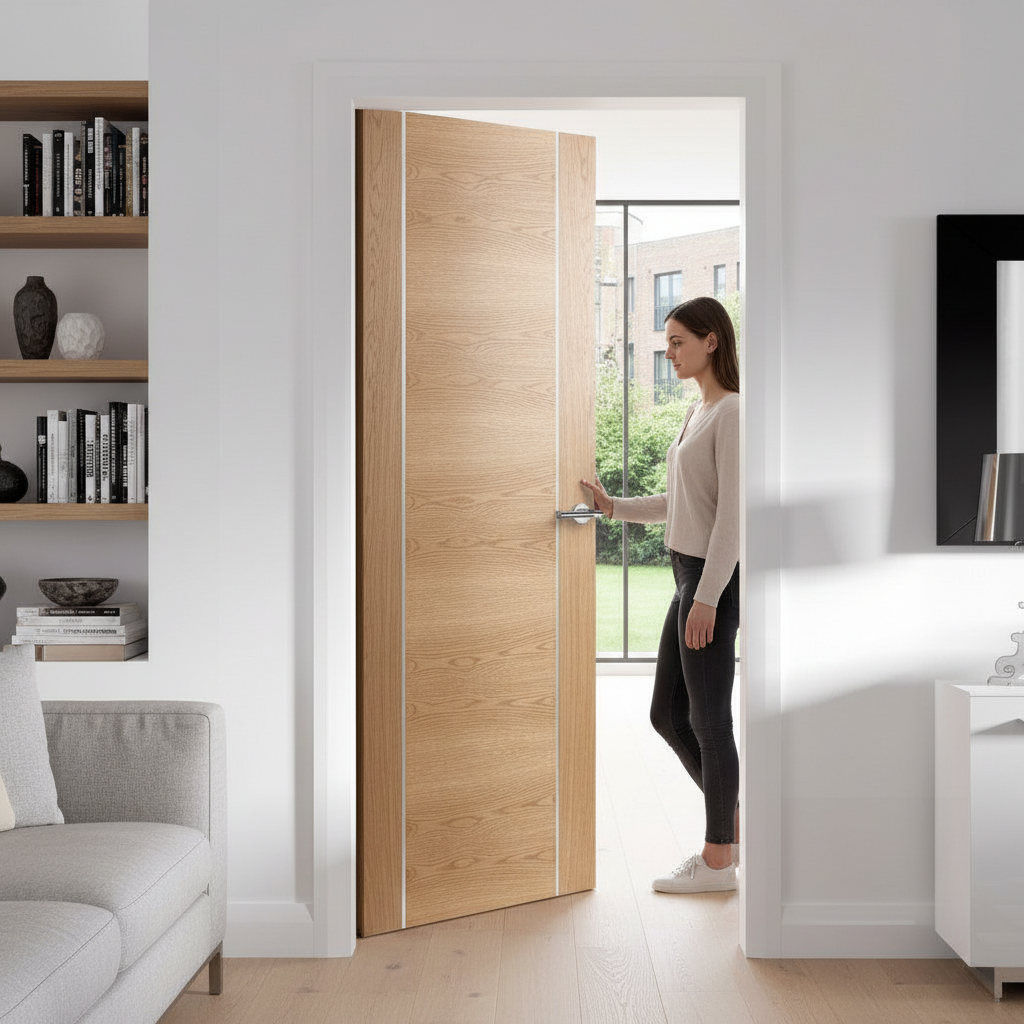 Premium Custom Made Oak Door with Engineered Construction and Decorative Aluminium Strip