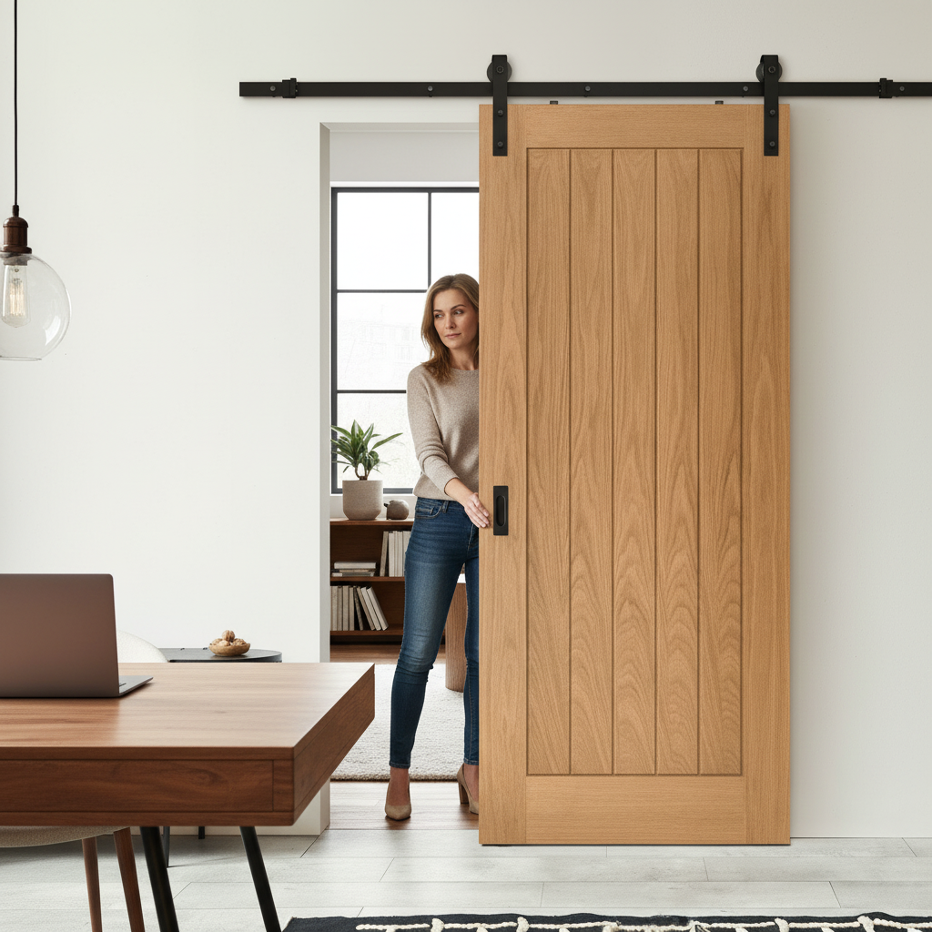 Premium Fully Finished Internal Oak Sliding Door Set with Timeless 5-Panel Design and Contemporary Craftsmanship - Image 2