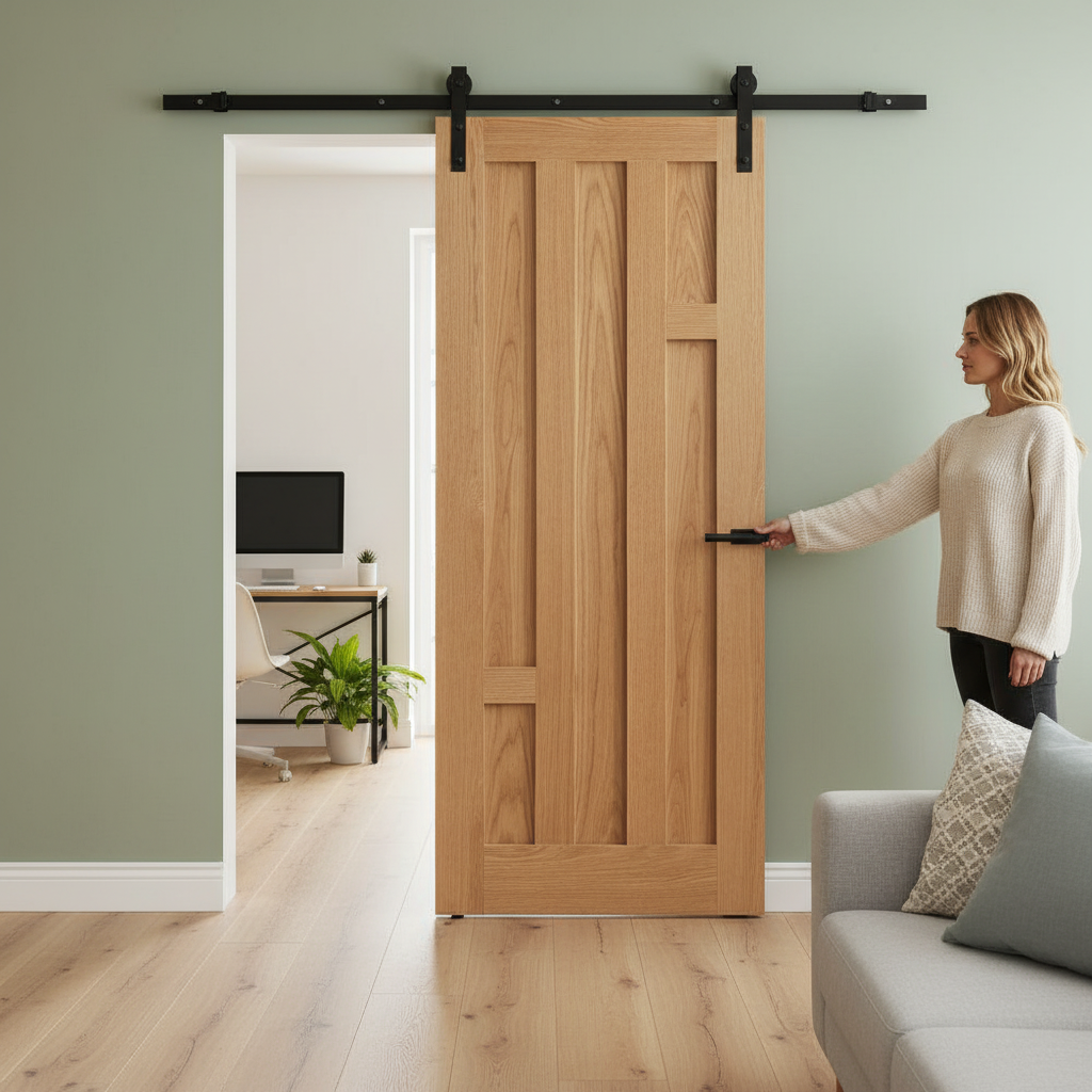 Premium Internal Sliding Door Set with Oak Veneer Finish and Modern Black Steel Track for Elegant Home Décor
