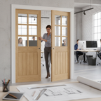 Premium Clear Glazed Double Pocket Door Set with Rustic Oak Design and Galvanised Steel Frame for Elegant Interior Spaces