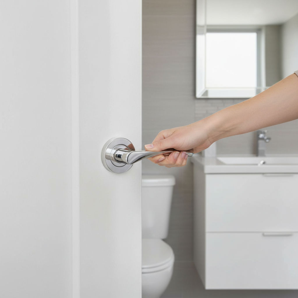 Round Rose Lever Door Bathroom Handle Set - Polished Chrome Finish with Privacy Bullet Latch and Ergonomic Levers - Image 2