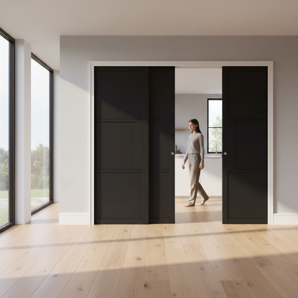 Premium 3-Panel Telescopic Pocket Door System with High-End Black Finish for Modern Interiors