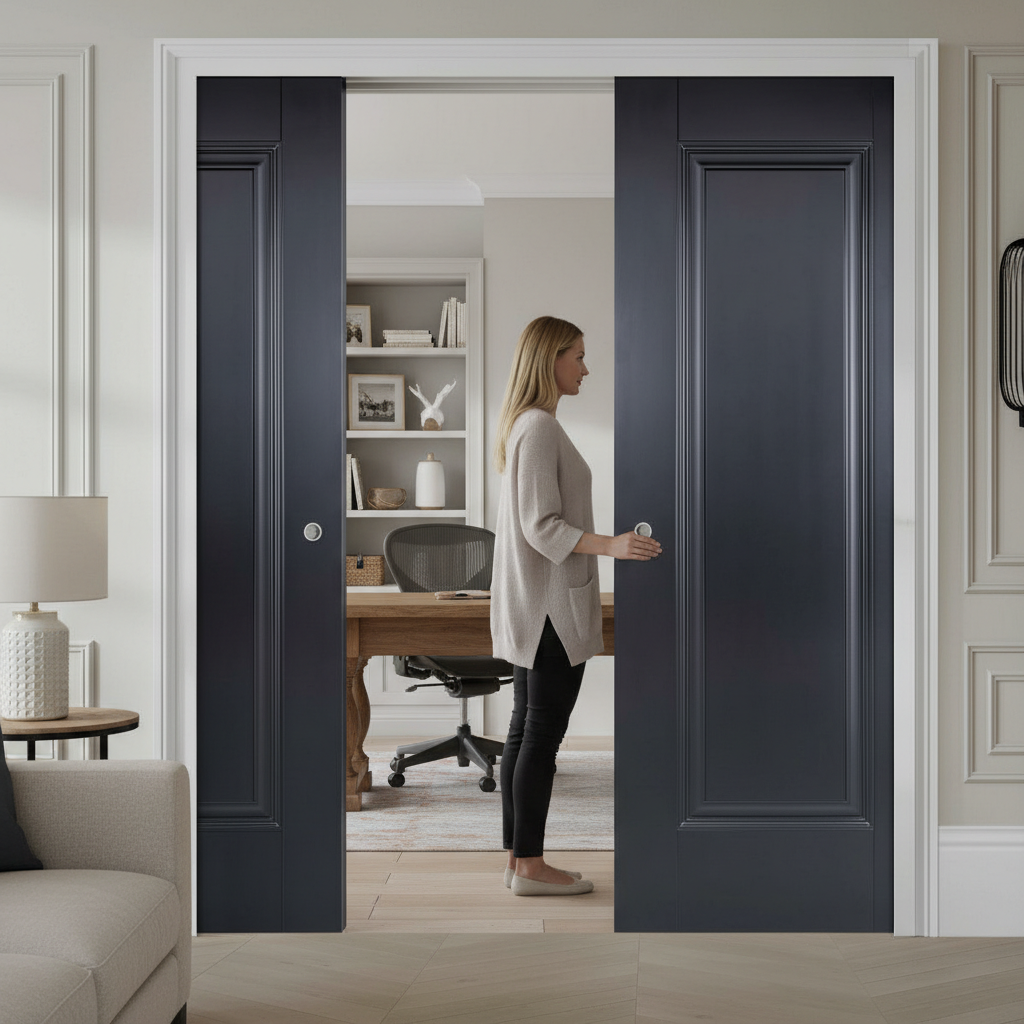 Premium Heavy Duty 1 Panel Double Pocket Door Set with Galvanized Steel Frame and Adjustable Jambs for Elegant Interior Spaces