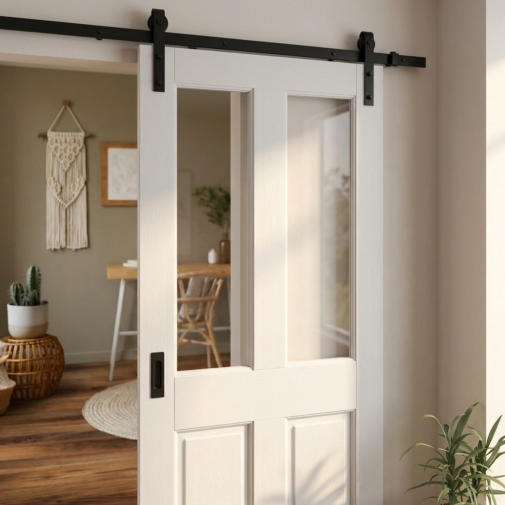 White Internal Sliding Door Primed Victorian 2 Panel 2 Light Clear Glass - detail view