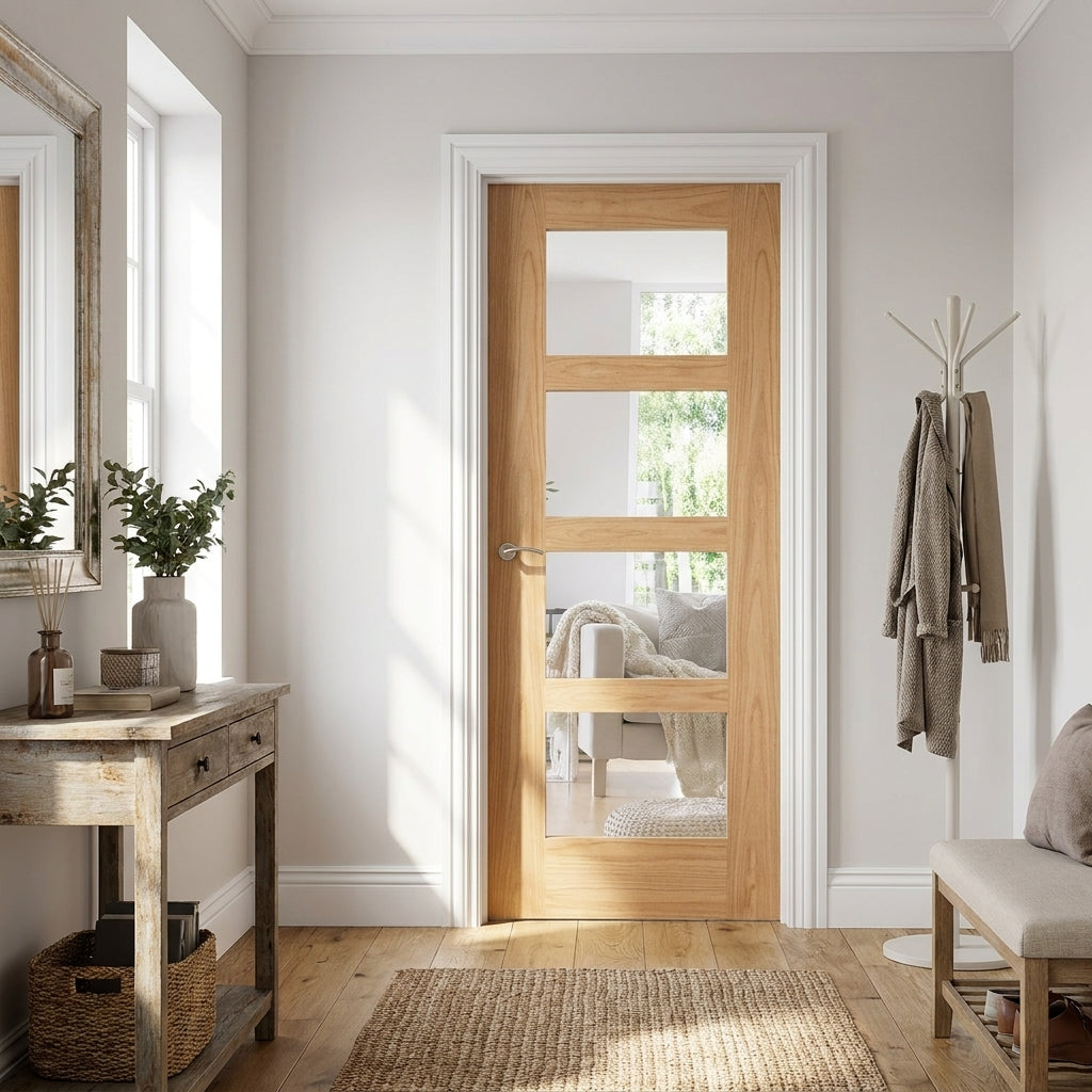 FD30 Fire Door Internal Oak with Fully Finished Shaker Design and 4 Light Clear Glass